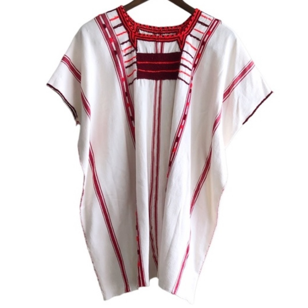 Vintage Handmade Mexico Huipil Relaxed Fit Embroidery Striped Poncho Top Cream